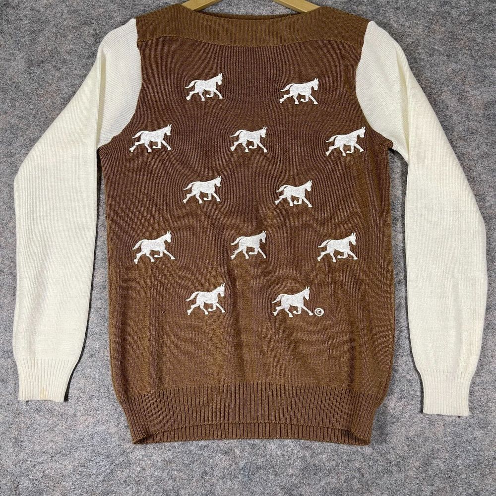 Vintage 80s CYN LES Horse Embroidered Sweater, Ivory & Camel, L, Taiwan 🐴
